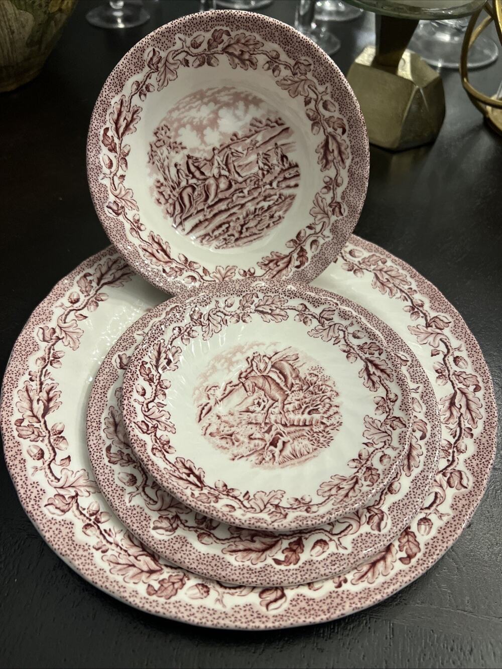 Royal Wessex England 16 Pc Pink Hunting Scene Transferware Dinnerware Set 4